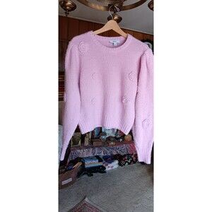 CeCe size L pink fuzzy sweater flower embellished vintage 90s